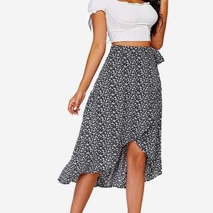 Boho Floral Knot Wrap Split Midi Skirt black white